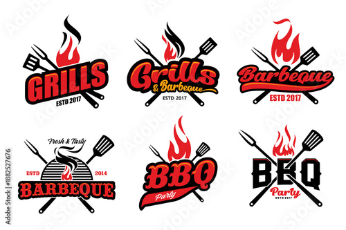 Bbq grill icons with vector barbecue fork and spatula tools, fire with hot red flames, black smoke and round barbeque grate isolated signs set. Bbq bar and restaurant, summer picnic and cookout party