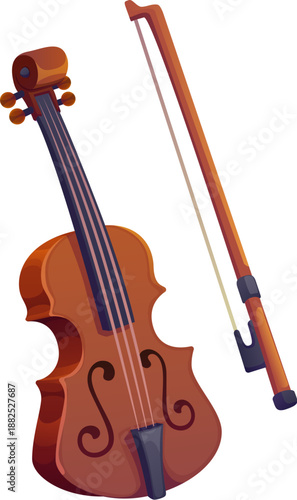 Cartoon wooden violin with a bow, St Patrick day symbol, Irish cultural object. Vector classic string musical instrument with melodic tones, used in orchestras, folk music and classical performances