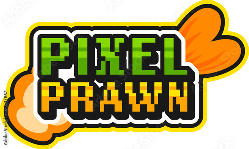 Japan food prawn sushi pixel vintage Y2K sticker or label. Japanese cuisine dish Y2K patch, sushi menu meal vector tag. Japan seafood sticker with prawn tail and pixelated typography text