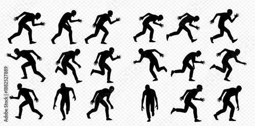 Set of running man silhouettes in various poses, illustrating movement and action for animation or design projects.