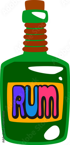 Pirate rum bottle retro Y2K sticker or label. Corsair treasure hunting patch, filibuster sailing Y2K vector sticker. Pirate nautical vintage label or tag with rum alcohol drink bottle