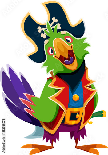 Cartoon parrot animal pirate captain vector character. Corsair bird wears navy tricorn hat, along with a red coat and golden belt. Funny avian sailor personage ready for high seas nautical adventures
