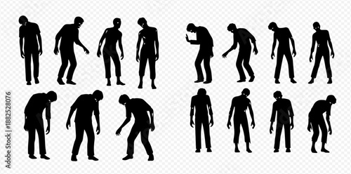 Set of zombie silhouettes in various poses, walking and standing, isolated on transparent background for Halloween designs.