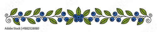 Garden blueberry leaves line divider or border. Garden berry outline frame border, forest ripe blueberry thin line vector divider. Fresh wild fruit linear outline separator line or underline spacer