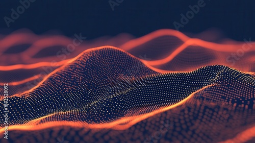 Abstract digital landscape of flowing orange particles and glowing lines against a dark blue background representing complex data structures and futuristic technology
