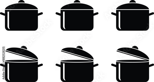 Cooking pot silhouette icon set with closed and open lids isolated flat vector for kitchen food design