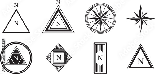 Various black and white navigation compass icons and symbols  directions and orientations