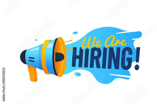 We are hiring vacancy opportunity icon or label. Business career offer banner, job hiring company vector icon. Employee recruitment graphic label with blue loudspeaker and handwritten typography