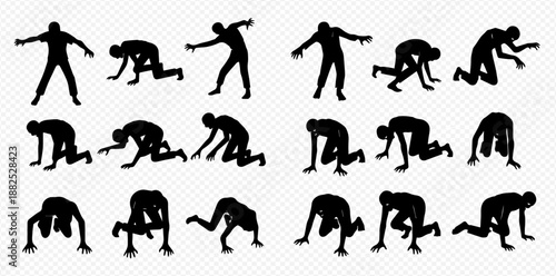 Set of zombie silhouettes in various crawling and standing poses, ideal for horror and Halloween designs.