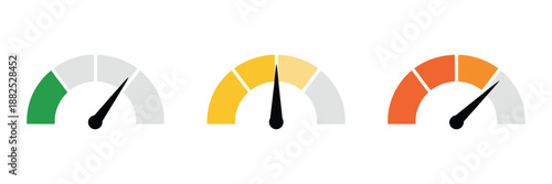 Dashboard Colorful Speedometer Icons, flat vector design of tachometer, speed indicators, car dashboard, performance measurement, fast internet, and digital illustration.