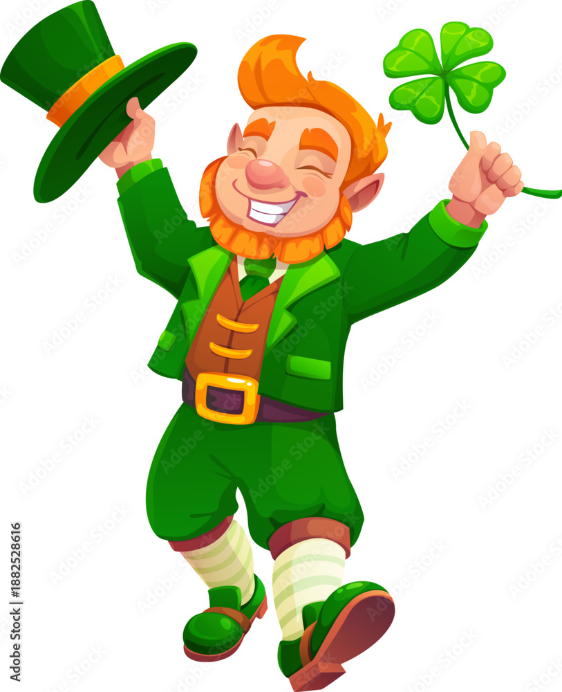 Obraz premium Cartoon St Patrick Day leprechaun character cheerfully dancing with shamrock and top hat in hands, depicting traditional Irish folklore and culture. Vector funny personage conveying luck and festivity
