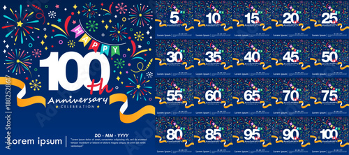 Set of happy anniversary celebration emblem logo with bunting flag, ribbon, fireworks and stars. vector illustration template design for web, flyers, poster,  greeting card