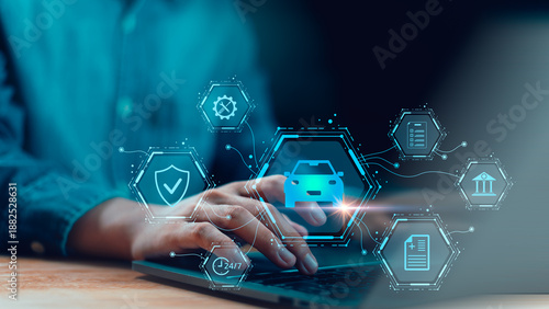 Wallpaper Mural Insurance agent working on laptop using digital car insurance interface, managing vehicle protection, online policy, claim service, financial security, fintech system, customer support technology Torontodigital.ca