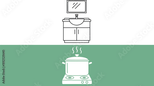 Kitchen interior icons set with sink cabinet and cooking pot stove isolated flat vector symbols design