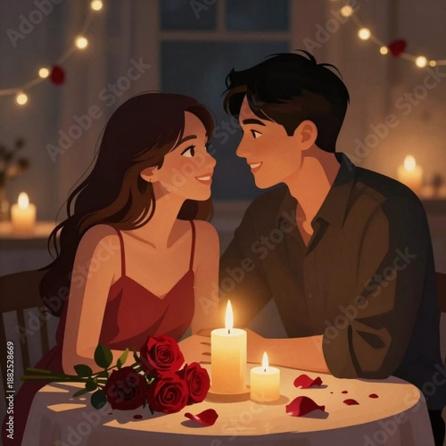 Couple sharing a loving glance during a romantic evening date with candles and flowers