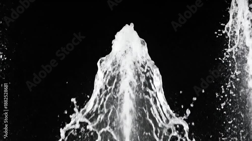 Water fountain spouting upwards with droplets suspended in air against a black background.