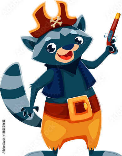 Cartoon raccoon animal pirate crew character. Isolated vector mischievous coon corsair personage with cocked hat and a cunning grin, stand with a pistol in hand, ready for adventurous woodland battles