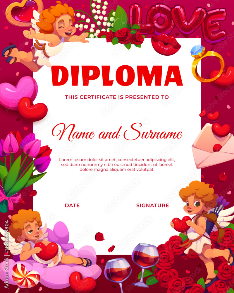 Fototapeta premium Valentine Day diploma vector template. Romantic love holiday award certificate in Valentines Day gifts background frame. Cartoon hearts, Cupids characters, rose flowers and balloons vertical diploma