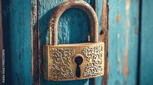 An antique tarnished brass padlock with intricate filigree securely locked on a weathered blue wooden door