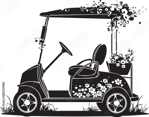 Floral Golf Cart Silhouette: A decorative silhouette of a golf cart adorned with floral designs, embodying a sense of leisurely recreation and a touch of natural beauty.