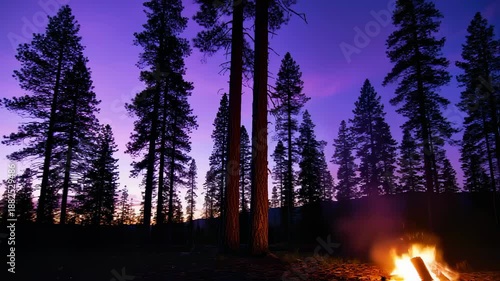 Wallpaper Mural Silhouettes of Tall Evergreen Trees Against a Vibrant Purple Twilight Sky with Campfire Glow. Seamless looping 4k video background  Torontodigital.ca