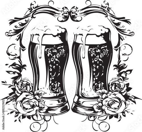 Cheers to the Brew: Two steins of beer, overflowing with frothy goodness, adorned with artistic floral embellishments, a timeless toast to camaraderie and refreshment.