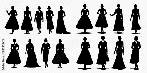 Set of elegant female silhouettes in various classic dresses and outfits, showcasing different poses and styles.