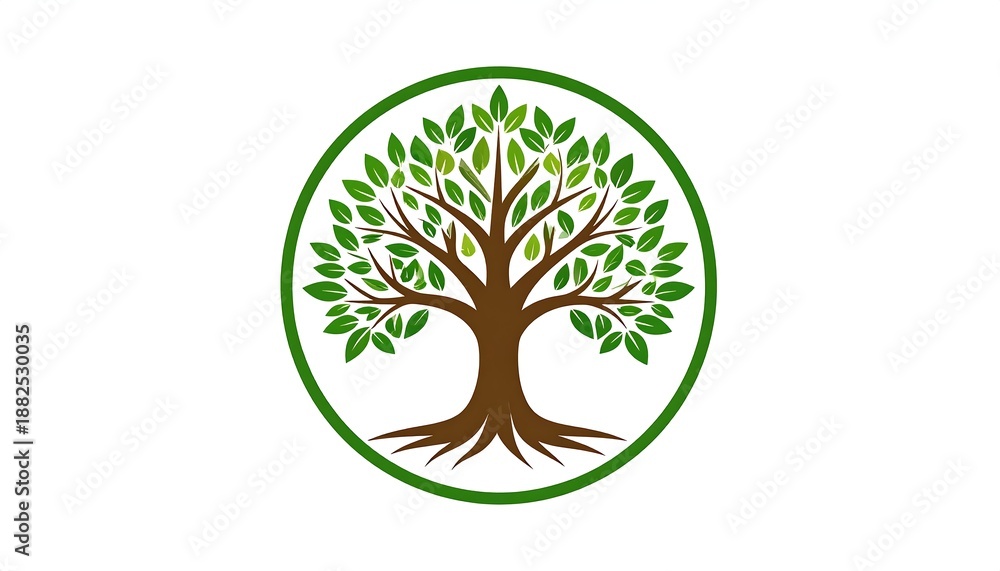 Obraz premium A tree with brown trunk and green leaves in a green circle
