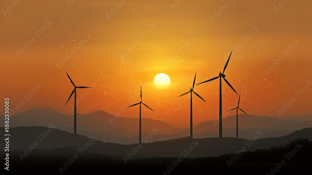 Obraz premium Sunset Over Wind Turbines Silhouetted Against Orange Sky with Mountains in Background and Soft Light Creating a Serene Atmosphere in Nature's Beauty