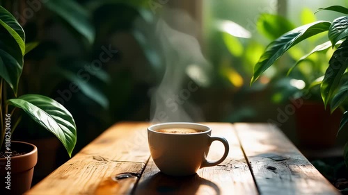 Wallpaper Mural Steaming Coffee Cup on Wooden Table Surrounded by Lush Green Plants in Gentle Morning Light. Seamless looping 4k video background  Torontodigital.ca