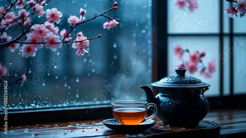 Wallpaper Mural Tea Set with Cherry Blossoms on Windowsill during Rainy Day Creating a Calm Atmosphere. Seamless looping 4k video background  Torontodigital.ca