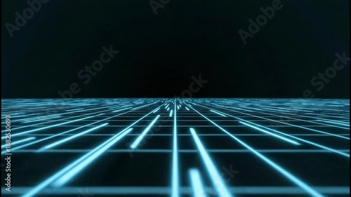Futuristic digital grid landscape with glowing blue lines receding into darkness under a starry black sky representing virtual reality and cyberspace exploration with a sense of infinite digital