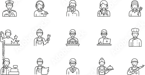 Professional occupation avatar outline icon set including police doctor worker chef and service jobs isolated on white background vector illustration