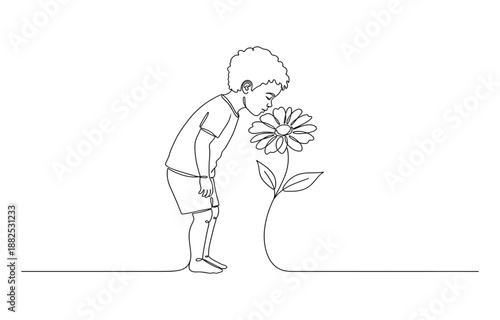 Child smelling flower in continuous line art drawing style. 