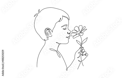 Child smelling flower in continuous line art drawing style. 