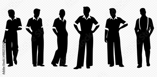 Set of six male silhouettes in various poses, depicting different body types and styles, isolated on a transparent background.