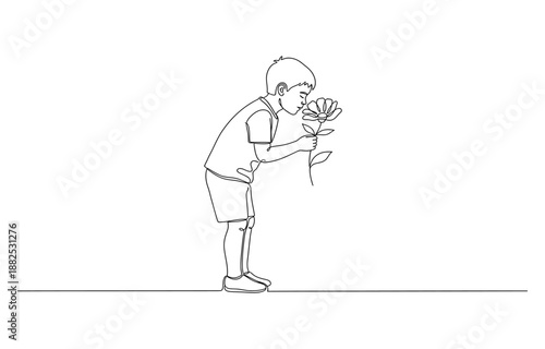 Child smelling flower in continuous line art drawing style. 