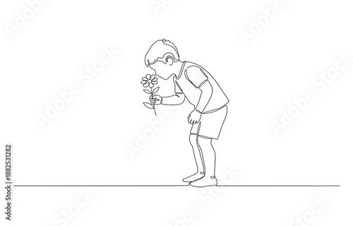 Child smelling flower in continuous line art drawing style. 