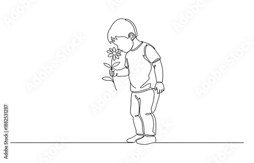Child smelling flower in continuous line art drawing style. 