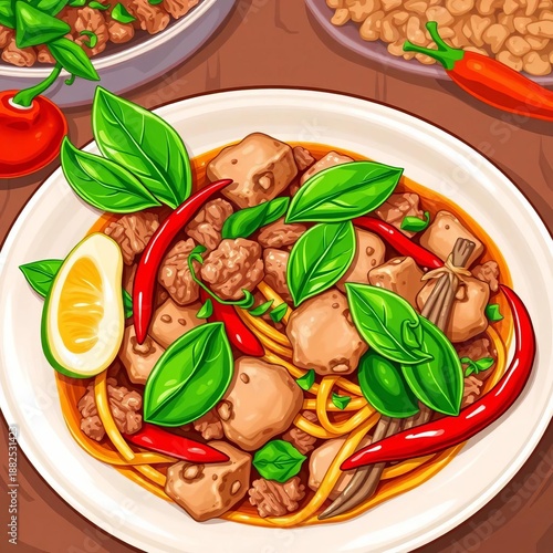Thai street food menu illustration of Pad Kra Pao with basil, chili, and ground meat,  restaurant,  menu
