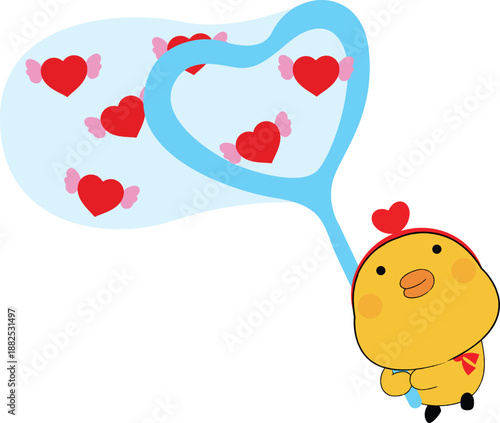 Cute Chick Blowing Heart Bubbles with a Love Wand