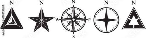 Various black and white compass rose navigation symbols and icons  directional signs for maps and guides