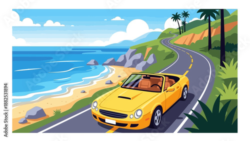 A yellow car drives along a winding coastal road in America with a scenic view of the ocean and a sunny sky in a colorful illustration.