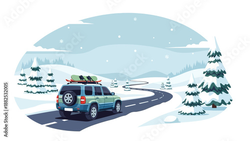 A green car with a Christmas tree on top drives down a snowy road in a winter landscape, surrounded by pine trees and hills in a scenic America road trip scene.