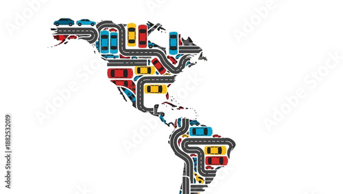 Colorful illustration of America made from roads and buses on a white background with a sketch-like style.