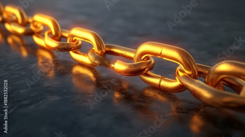A close up of a connected gold chain with interlocking links on a dark textured surface