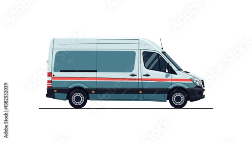 A colorful illustration of a car, specifically a van with red and orange stripes, set against a clean white background, showcasing a simple yet vibrant design.