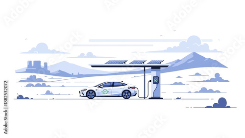 A white electric car charges at a modern solar-powered station with a scenic mountainous landscape in the background, depicted in a blue-toned vector illustration with a clean and