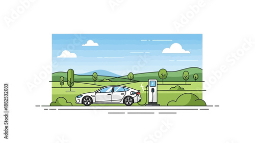 Illustration of a white car refueling at a charging station in a green landscape with trees and hills under a blue sky with clouds.