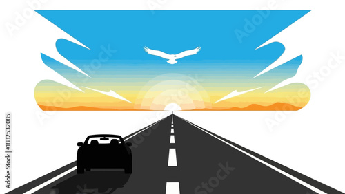 A black car drives down a long, straight road towards a sunrise with a bird flying overhead, set against a colorful sky with warm hues, in a stylized illustration.